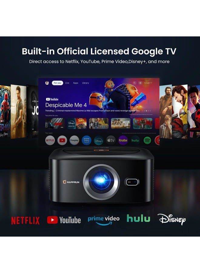 HAPPRUN Official Licensed Google TV Smart Projector, HAPPRUN Projector with Wifi and Bluetooth, DoIby Audio, Native1080P 1000ANSI, Auto Focus & Keystone, Portable Projector for Home Cinema, Bedroom - Image 2