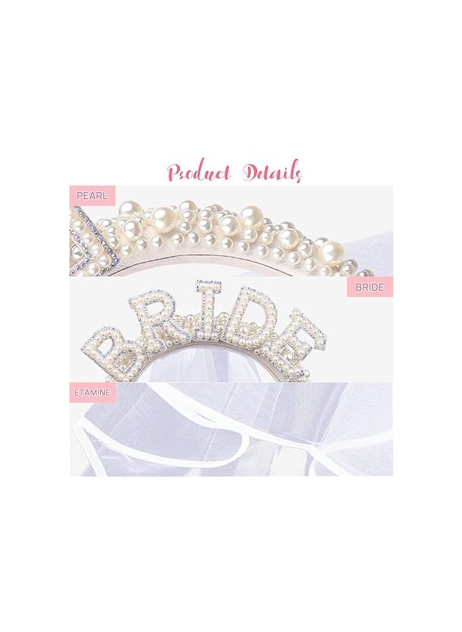 Generic Bride Headband For Bachelorette - Bachelorette Outfit For Bride To Be Pearl Hairband Veil For Bridal Shower Gift  - Image 4