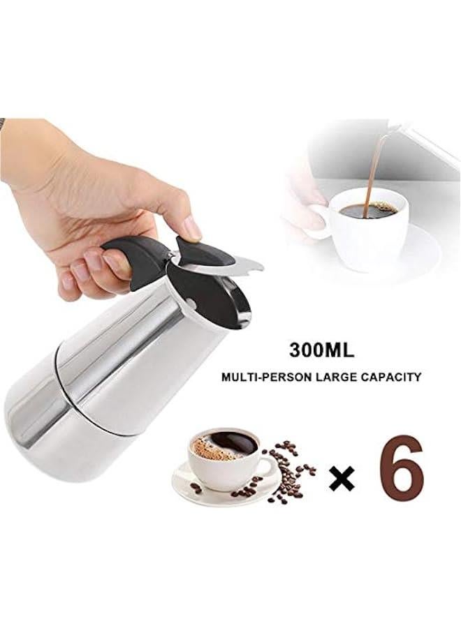 ميكسد الفولاذ المقاوم للصدأ وعاء موكا -- صانع القهوة الايطالية الكلاسيكية ، وسهلة الاستخدام ، والتنظيف السريع ، ومواقد الكهرومغناطيسية متوافقة ، 300ml - Image 4