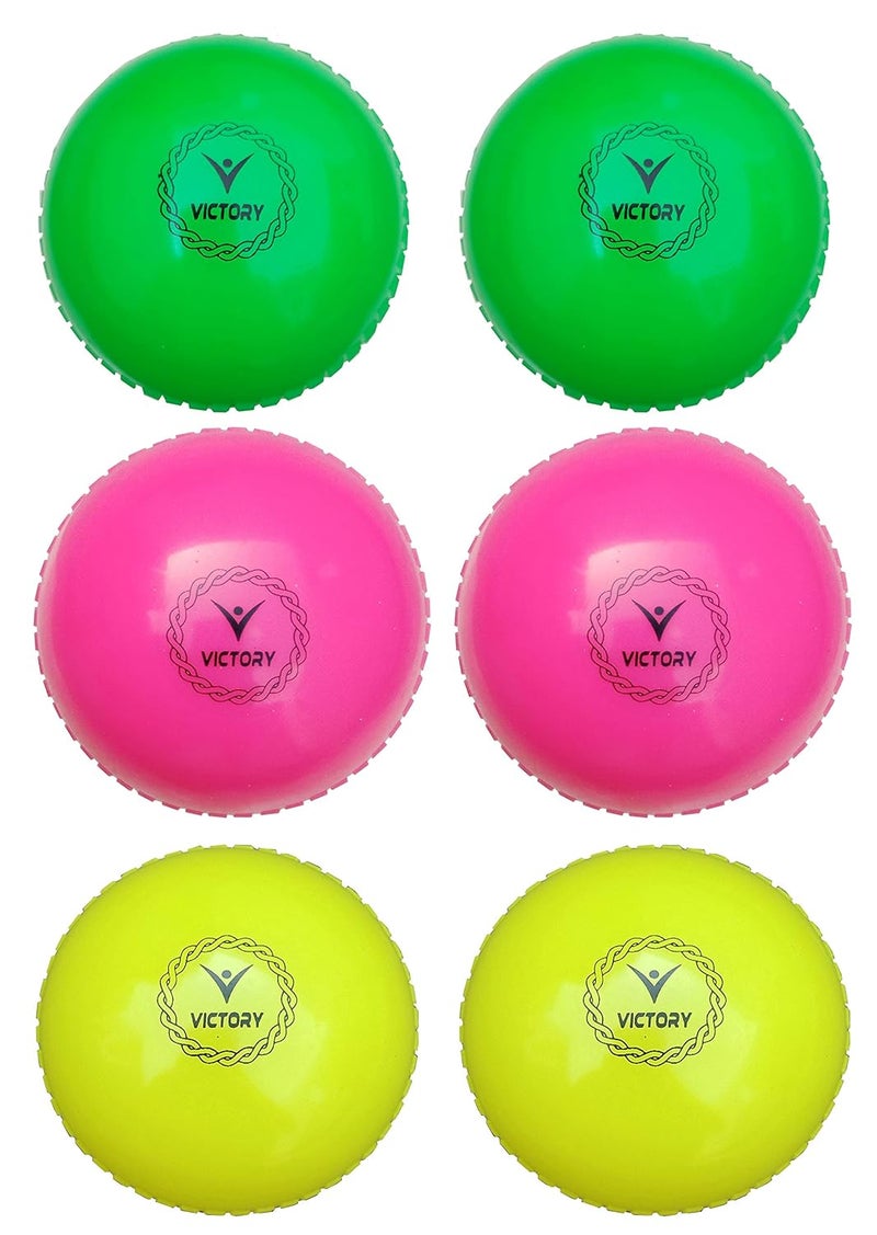 Victory Synthetic Cricket Ball Match Practice Training | Practice Cricket Ball | Wind Balls | Swing Ball | Indoor & Outdoor Street & Beach Cricket (Multicolor Yellow-Pink-Green, Pack of 6) - Image 1