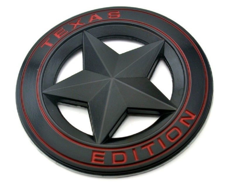 Muzzys Texas Edition Star BLACK and Red Round 3" Shield Emblem Universal Stick On for Toyota Tundra, Tacoma, Ford F150, Chevy Silverado, Nissan Titan, Hood, Door, Tailgate, Grille, Fender, etc