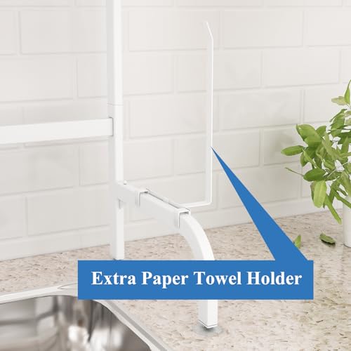 SAYZH Over The Sink Dish Drying Rack, Adjustable (25.5 to 36.5 inch) 2 Tier Metal Steel Dish Drying Racks for Kitchen Counter with Hooks Paper Towel Utensil Cup Holder Sink Caddy (White) - Image 5