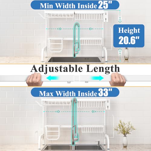 SAYZH Over The Sink Dish Drying Rack, Adjustable (25.5 to 36.5 inch) 2 Tier Metal Steel Dish Drying Racks for Kitchen Counter with Hooks Paper Towel Utensil Cup Holder Sink Caddy (White) - Image 3