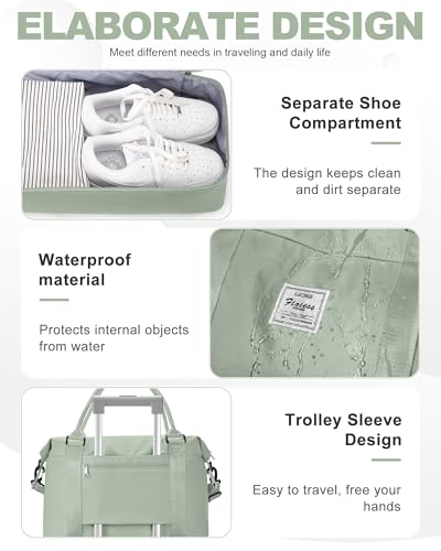 VECAVE Spirit Travel Duffel - 18x14x8 Inches Weekender Overnight Bag with Shoes Compartment, Trolley Sleeve, Carry On for Airplanes, Sport Tote Gym Bag in BeigeGreen - Image 5