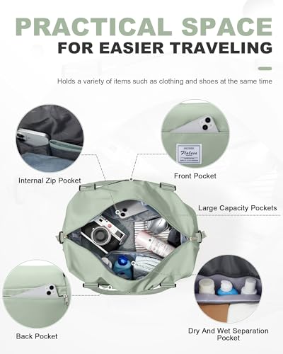 VECAVE Spirit Travel Duffel - 18x14x8 Inches Weekender Overnight Bag with Shoes Compartment, Trolley Sleeve, Carry On for Airplanes, Sport Tote Gym Bag in BeigeGreen - Image 3