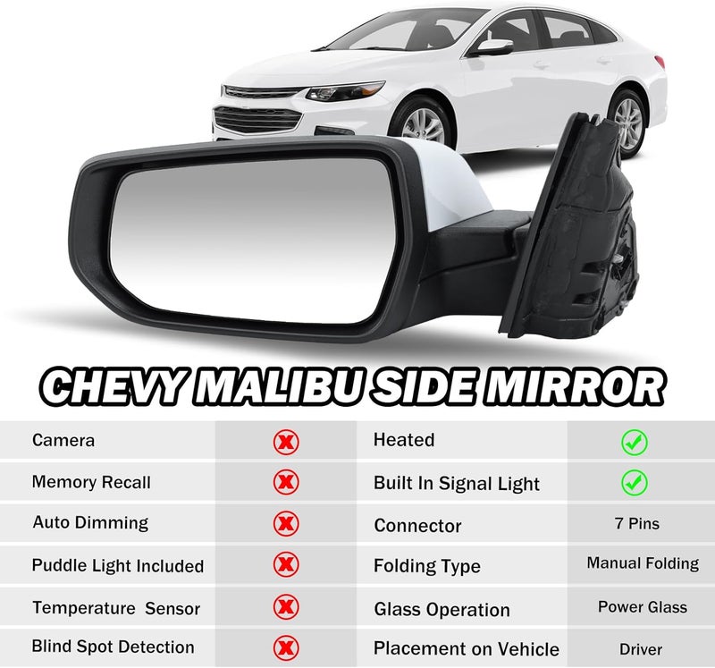 MOFOAP Driver Side View Mirror for 2016-2022 Chevrolet Malibu LT Hybrid - Heated with Turn Signal - Image 3