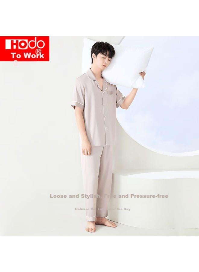 hongdou Hodo Men's Pajamas, Summer Faux Silk Short-sleeve Long Pants Set, Breathable Cool Cardigan Loungewear - Image 2