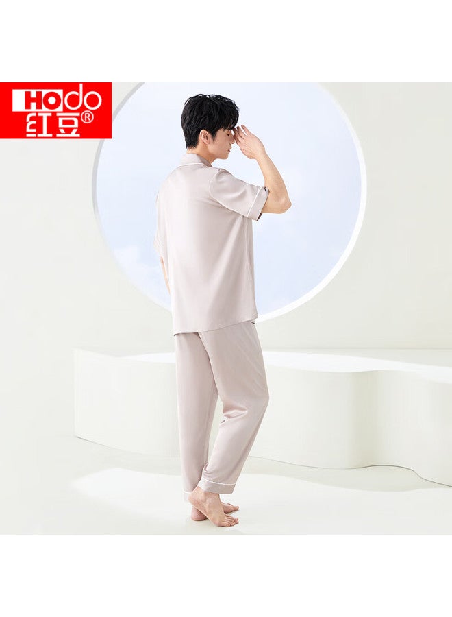 hongdou Hodo Men's Pajamas, Summer Faux Silk Short-sleeve Long Pants Set, Breathable Cool Cardigan Loungewear - Image 5