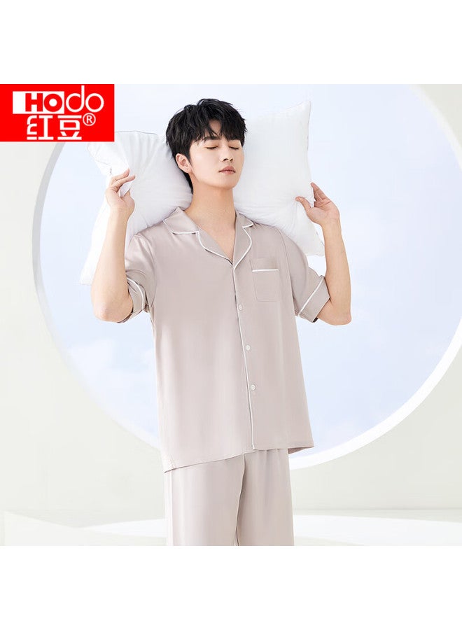 hongdou Hodo Men's Pajamas, Summer Faux Silk Short-sleeve Long Pants Set, Breathable Cool Cardigan Loungewear - Image 3