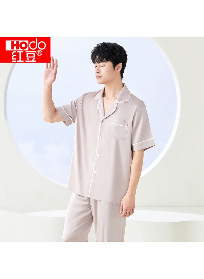 hongdou Hodo Men's Pajamas, Summer Faux Silk Short-sleeve Long Pants Set, Breathable Cool Cardigan Loungewear - Image 4