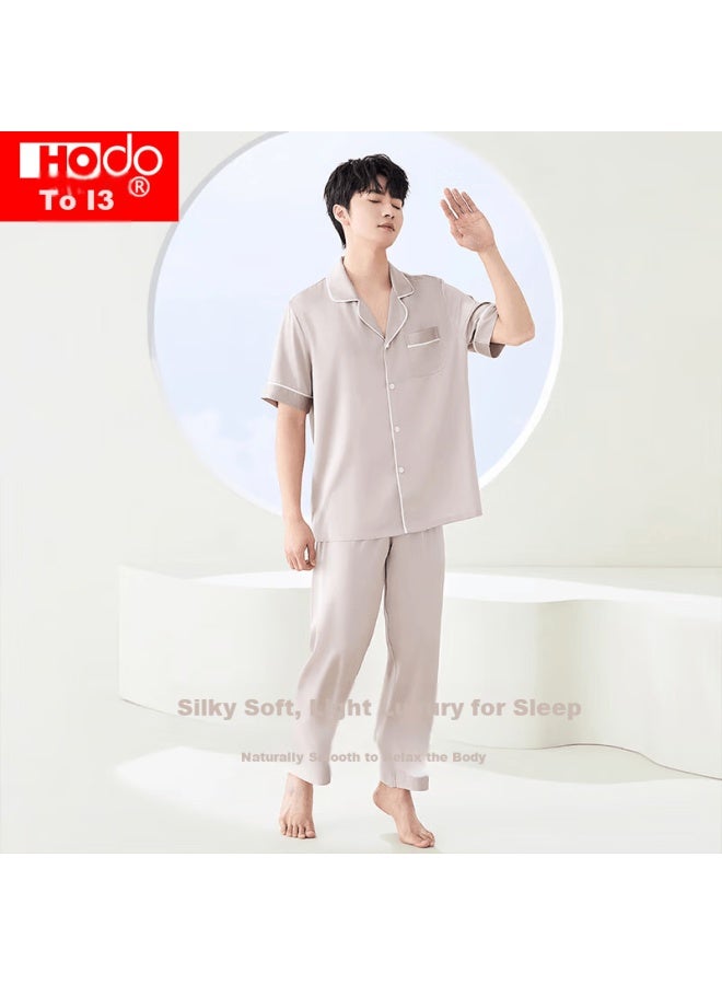 hongdou Hodo Men's Pajamas, Summer Faux Silk Short-sleeve Long Pants Set, Breathable Cool Cardigan Loungewear - Image 1