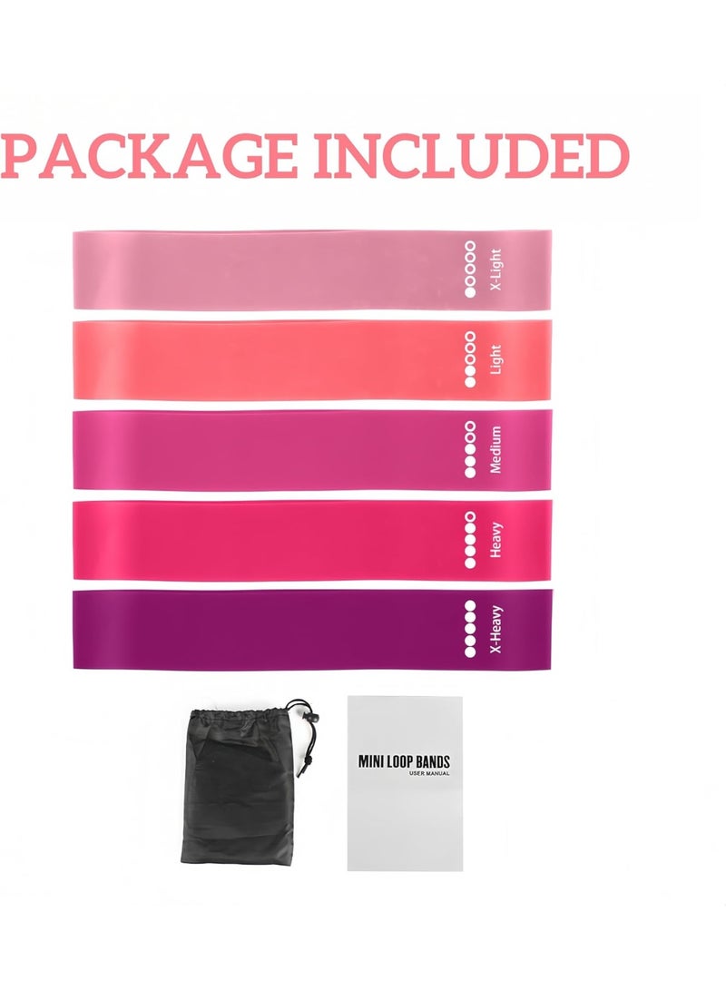 5-Piece Resistance Loop Exercise Bands Set with Carry Bag, Natural Latex Fitness Stretch Bands for Home Gym, Yoga, Pilates and Squats, Pink, 600mm x 50mm