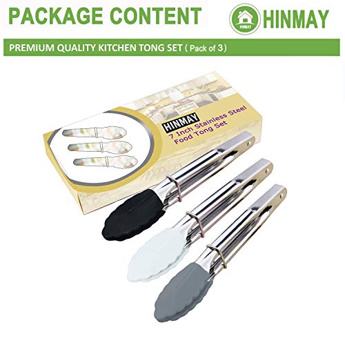 HINMAY Mini Tongs with Silicone Tips 7-Inch Small Serving Tongs, Set of 3 (Black White Gray) - Image 2