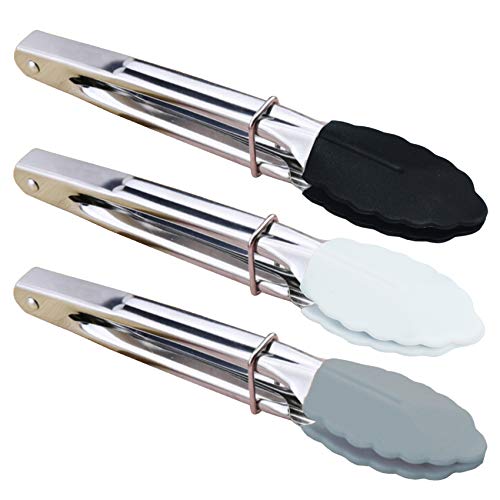 HINMAY Mini Tongs with Silicone Tips 7-Inch Small Serving Tongs, Set of 3 (Black White Gray) - Image 1