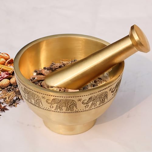 Pure Source India Antique Brass Mortar and Pestle, 4.5 inch Ancient Brushed Elephant Embossed Okhli Metal Herb Grinder for Crushing Pills Herbs Vegetables Dry Fruits - Image 5