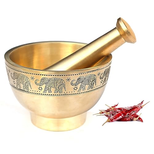 Pure Source India Antique Brass Mortar and Pestle, 4.5 inch Ancient Brushed Elephant Embossed Okhli Metal Herb Grinder for Crushing Pills Herbs Vegetables Dry Fruits - Image 1