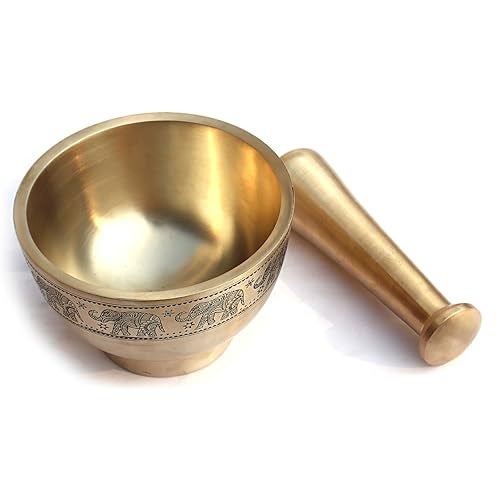 Pure Source India Antique Brass Mortar and Pestle, 4.5 inch Ancient Brushed Elephant Embossed Okhli Metal Herb Grinder for Crushing Pills Herbs Vegetables Dry Fruits - Image 4