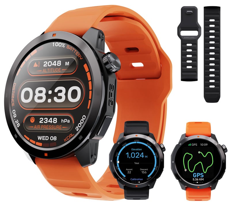 AOLON GPS Smart Watch for Men, 1.43'' AMOLED Smartwatch with Compass/Barometer/Altimeter, Heart Rate/Sleep Monitor, 30M Waterproof, 60+ Sports Fitness Tracker for Android/iOS, Black & Orange (2 Bands) - Image 1