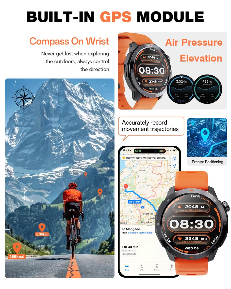 AOLON GPS Smart Watch for Men, 1.43'' AMOLED Smartwatch with Compass/Barometer/Altimeter, Heart Rate/Sleep Monitor, 30M Waterproof, 60+ Sports Fitness Tracker for Android/iOS, Black & Orange (2 Bands) - Image 3