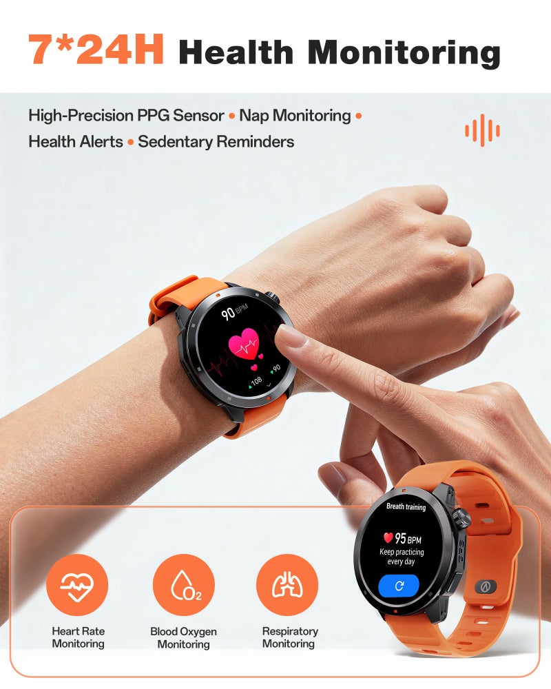 AOLON GPS Smart Watch for Men, 1.43'' AMOLED Smartwatch with Compass/Barometer/Altimeter, Heart Rate/Sleep Monitor, 30M Waterproof, 60+ Sports Fitness Tracker for Android/iOS, Black & Orange (2 Bands) - Image 5
