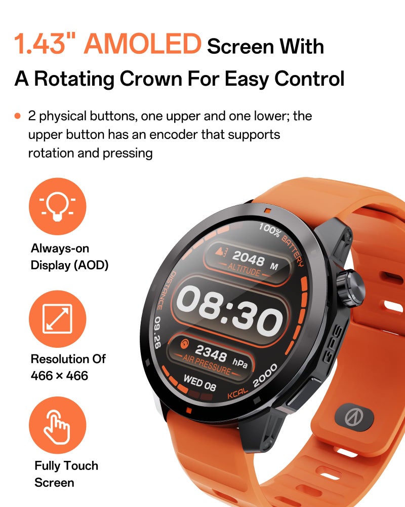 AOLON GPS Smart Watch for Men, 1.43'' AMOLED Smartwatch with Compass/Barometer/Altimeter, Heart Rate/Sleep Monitor, 30M Waterproof, 60+ Sports Fitness Tracker for Android/iOS, Black & Orange (2 Bands) - Image 2