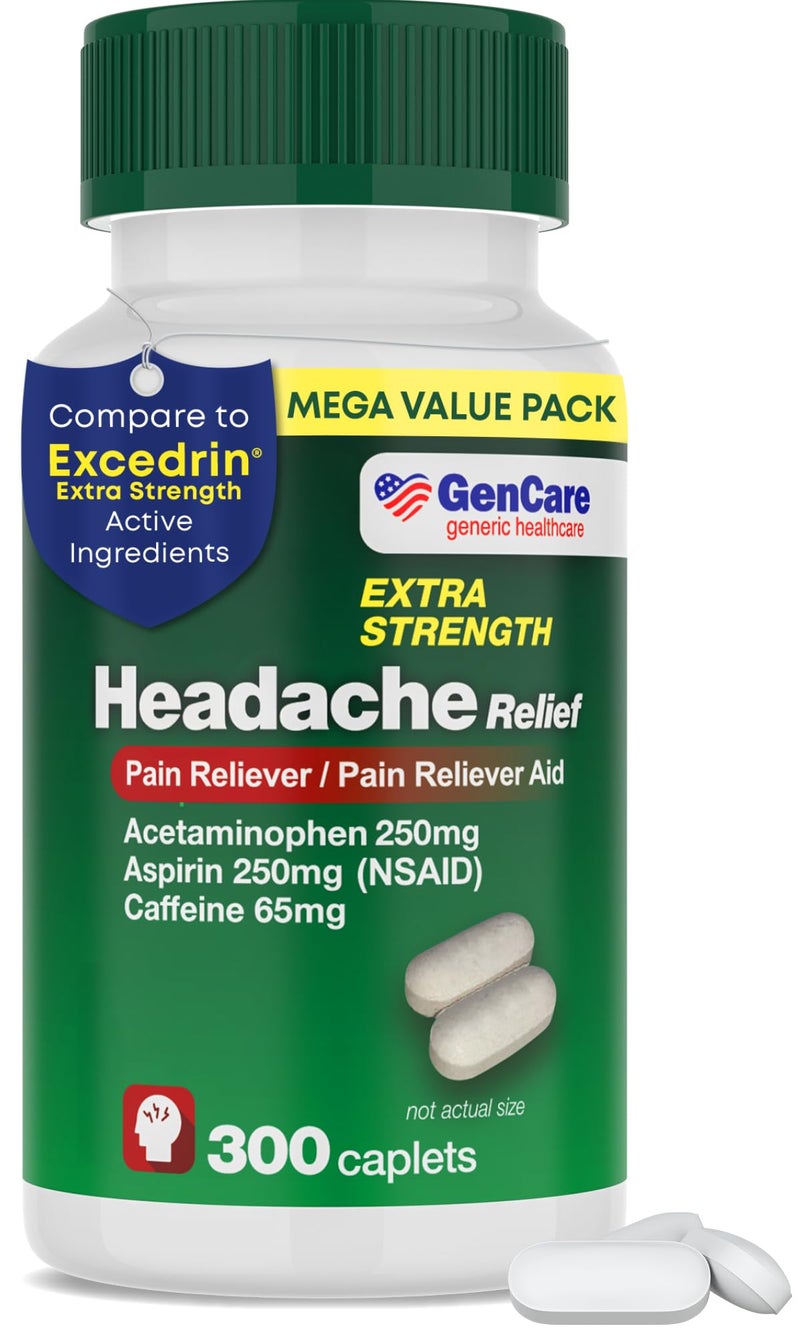 GenCare Headache Relief Acetaminophen with Aspirin NSAID Caffeine 300 Caplets Value Pack Head Pain Muscle Aches Back Pain Body Generic ExcedrEn Extra Strength