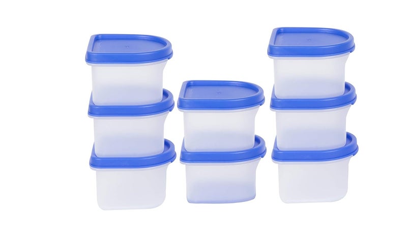 Cutting EDGE Modular Containers Oval Set with Plain Lid for Pickle Sauces Spices Chutney Dryfruits Travelling Spill proof Stackable 250 ML Set of 8 Blue Lids - Image 1
