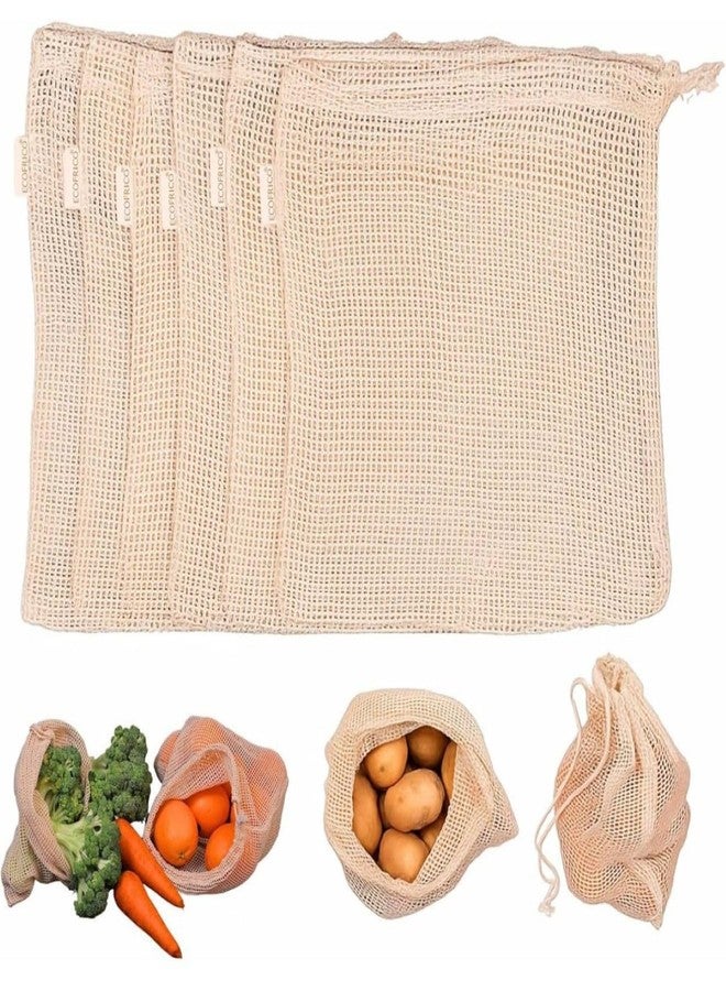 Akshify 100% Cotton Mesh Vegetable & Fruit Storage Bags for Fridge – Reusable Washable Breathable Produce Bags with Drawstring, Eco-Friendly Plastic-Free Kitchen Organizer (Pack of 5) - Image 1