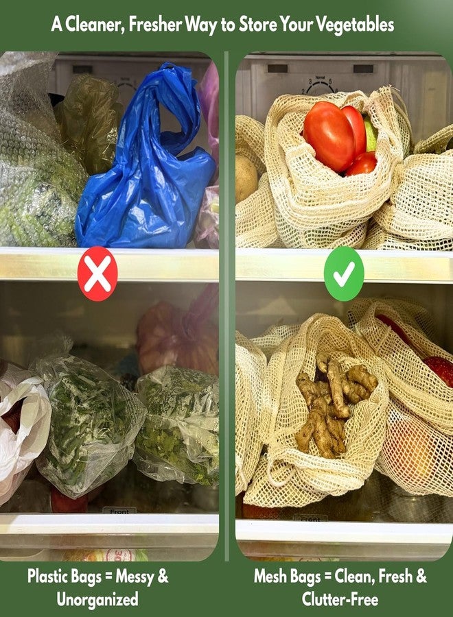 Akshify 100% Cotton Mesh Vegetable & Fruit Storage Bags for Fridge – Reusable Washable Breathable Produce Bags with Drawstring, Eco-Friendly Plastic-Free Kitchen Organizer (Pack of 5) - Image 4