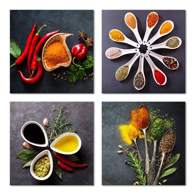 4 PIECES COLORFUL SPICES AND SPOON VINTAGE CANVAS PRINTS STILL LIFE PAINTINGS PICTURES CANVAS WALL ART FOR LIVING ROME HOME KITCHEN DECORATIONS