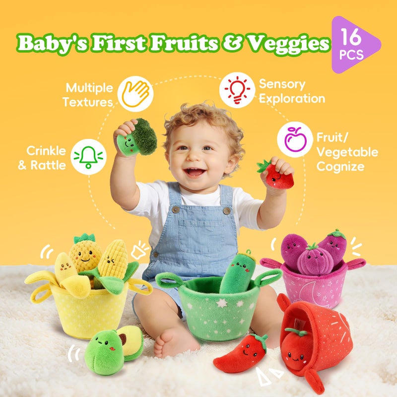 SAIMAND Baby Toys 6â€“12 Months, 16PCS My First Fruit Vegetable Sensory Toys for Babies Infants, Color Sorting Play Food with Crinkle & Rattle, Montessori Toys for 1 Year Old Toddlers Boys Girls - Image 2