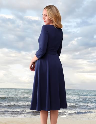 DRESSTELLS Cocktail Dresses for Wedding Guest, Formal Holiday Party Long Sleeve Dress Church Mother of The Bride Evening Tea Gala 50S Vintage Modest Aline Fit and Flare Funreal, Navy L - Image 4