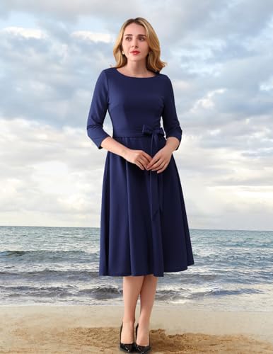 DRESSTELLS Cocktail Dresses for Wedding Guest, Formal Holiday Party Long Sleeve Dress Church Mother of The Bride Evening Tea Gala 50S Vintage Modest Aline Fit and Flare Funreal, Navy L - Image 2