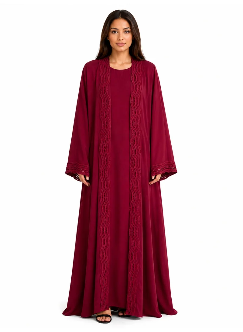 Reem Abayas Women's Maroon Abaya with Lace detail and Matching Sheila