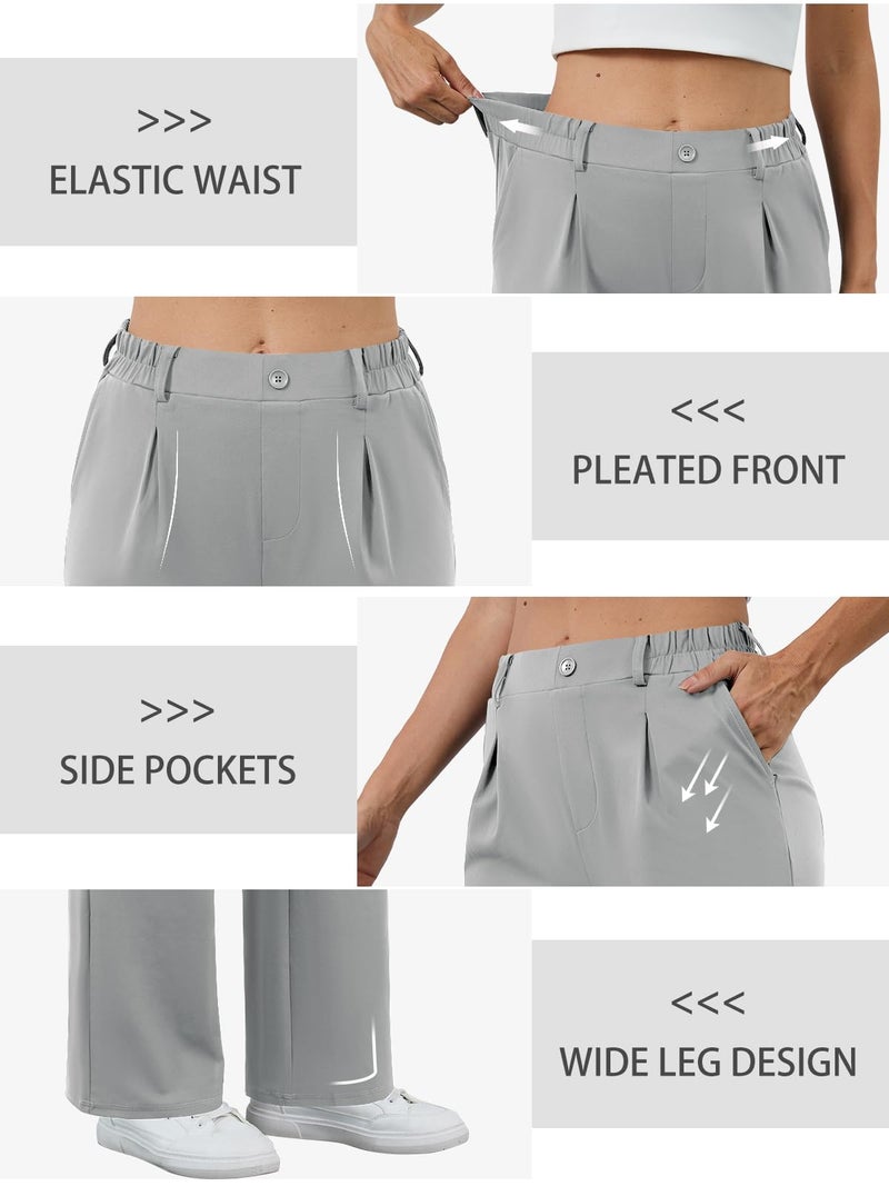 COPYLEAF Womens Dress Pants Wide Leg Stretchy Work Pants with Pockets Elastic Waist Pleated Front Business Casual Slacks(Light Grey L) - Image 5