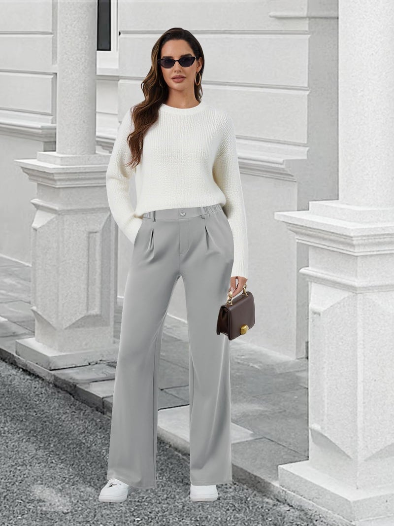 COPYLEAF Womens Dress Pants Wide Leg Stretchy Work Pants with Pockets Elastic Waist Pleated Front Business Casual Slacks(Light Grey L) - Image 3