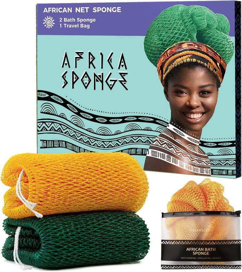 RelaxScene Real African Mesh Sponge 2 Pack Authentic African Shower Cloths - Yellow and Forest Scrub for Exfoliating Body and Back - Image 1