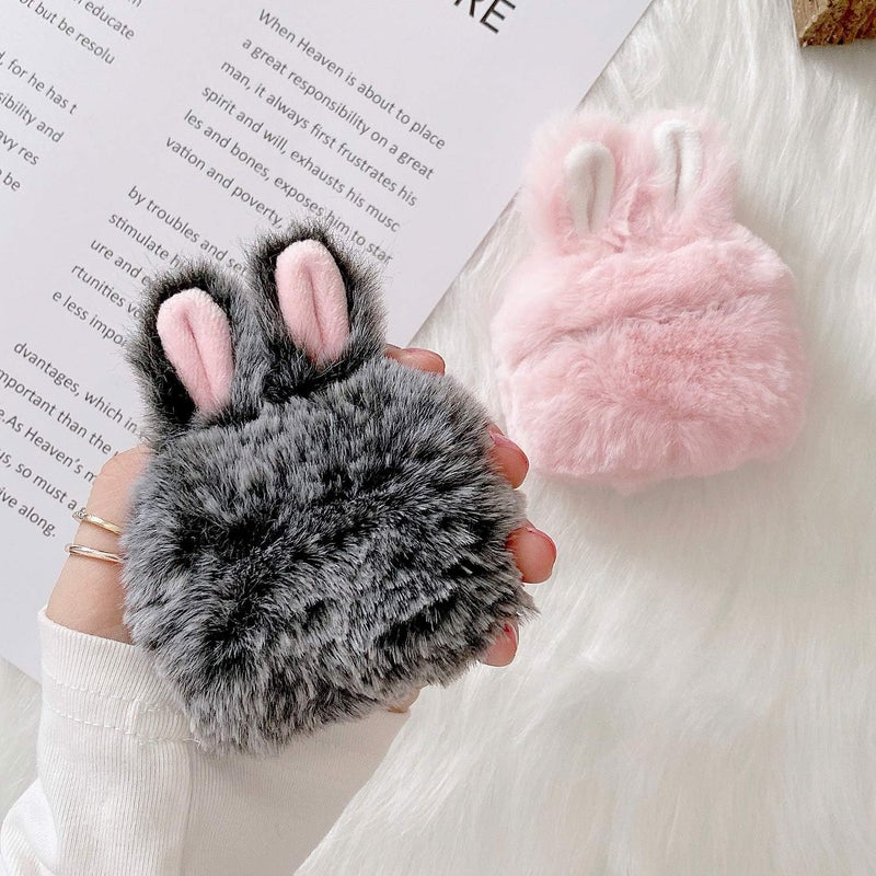 جابي Compatible with AirPods Pro 2 Furry Bunny Case Girls 3D Cartoon Cute Rabbit Ears Plush Fluffy Warm Carrying Case Soft Protective Case Cover Accessories for AirPods Pro2 2022 Gray - Image 5