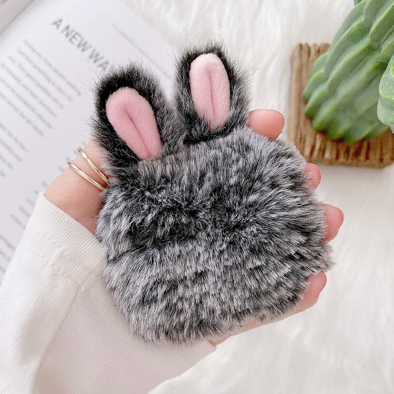 جابي Compatible with AirPods Pro 2 Furry Bunny Case Girls 3D Cartoon Cute Rabbit Ears Plush Fluffy Warm Carrying Case Soft Protective Case Cover Accessories for AirPods Pro2 2022 Gray - Image 3