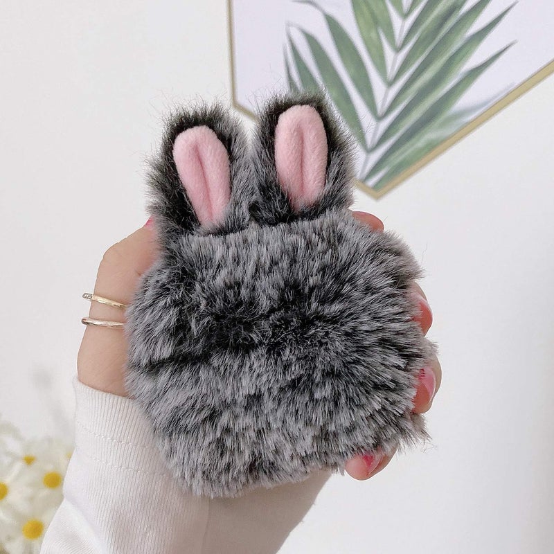 جابي Compatible with AirPods Pro 2 Furry Bunny Case Girls 3D Cartoon Cute Rabbit Ears Plush Fluffy Warm Carrying Case Soft Protective Case Cover Accessories for AirPods Pro2 2022 Gray - Image 2