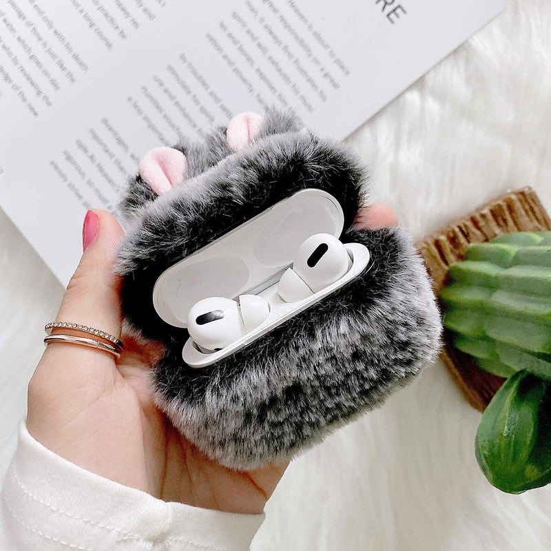 جابي Compatible with AirPods Pro 2 Furry Bunny Case Girls 3D Cartoon Cute Rabbit Ears Plush Fluffy Warm Carrying Case Soft Protective Case Cover Accessories for AirPods Pro2 2022 Gray - Image 1