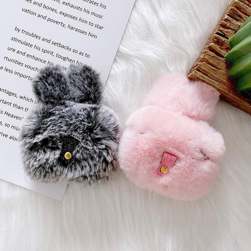 جابي Compatible with AirPods Pro 2 Furry Bunny Case Girls 3D Cartoon Cute Rabbit Ears Plush Fluffy Warm Carrying Case Soft Protective Case Cover Accessories for AirPods Pro2 2022 Gray - Image 4