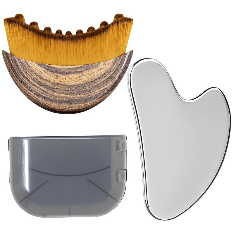 TWPER Stainless Steel Gua Sha Tool & Lymphatic Drainage Face Brush Set, TWPER Facial Massage Kit for Jawline Sculpting Puffiness Lifting Relaxation, Contour Face Brush with Storage Case - Image 1