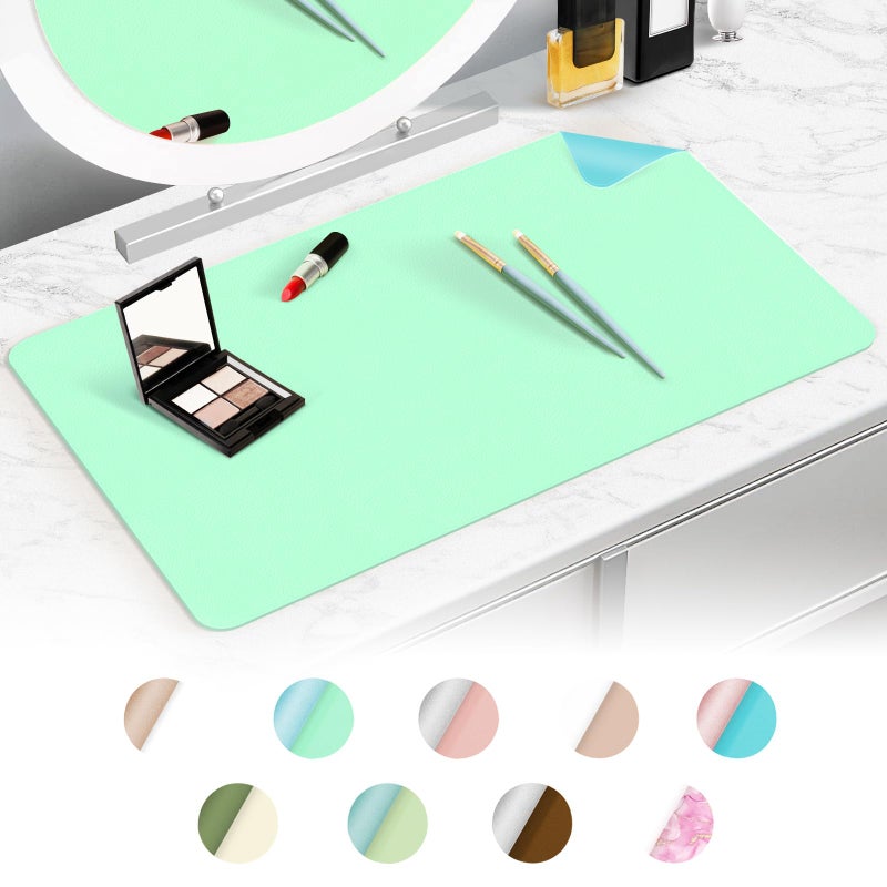TOHONFOO Makeup Mat for Vanity to Protect Desk Top 23.6 x 11.8 in, Dual-Sided Makeup Mat, Easy to Clean Desk Pad - Waterproof and Oilproof Vanity Accessories (Calamine Blue and Mint Green) - Image 1