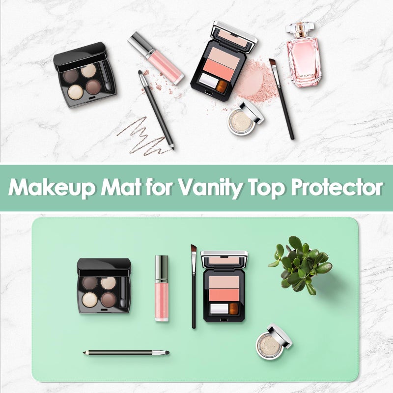 TOHONFOO Makeup Mat for Vanity to Protect Desk Top 23.6 x 11.8 in, Dual-Sided Makeup Mat, Easy to Clean Desk Pad - Waterproof and Oilproof Vanity Accessories (Calamine Blue and Mint Green) - Image 2