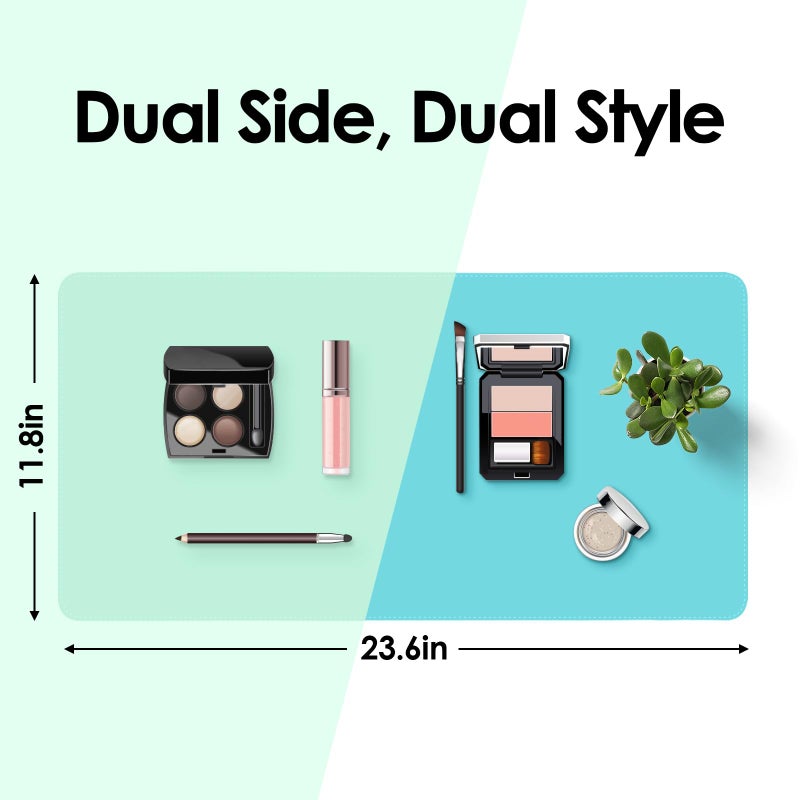 TOHONFOO Makeup Mat for Vanity to Protect Desk Top 23.6 x 11.8 in, Dual-Sided Makeup Mat, Easy to Clean Desk Pad - Waterproof and Oilproof Vanity Accessories (Calamine Blue and Mint Green) - Image 3