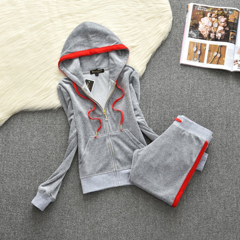 2021 Spring Gold Silk Velvet Sports Suit Fashion Color Block Brace Casual Hood Slim-Fit Two-Piece Fashionable Set - Image 1