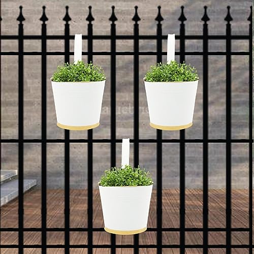 ecofynd 7 Inches Halley Railing Planters for Balcony, Hanging Pots for Plants, Wall Hanging Decorative Planters for Vertical Garden, Pack of 3 (White) - Image 1