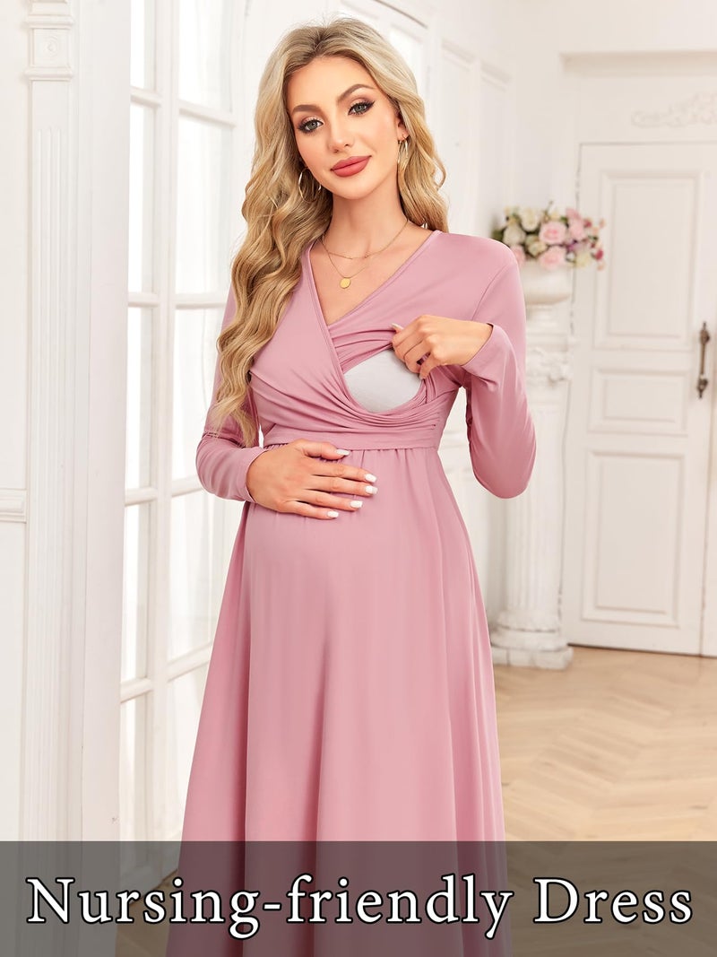 AISWI 2025 Maternity Nursing Dress with Pockets Long Sleeve V Neck Wrap A Line Pregnancy Midi Dresses Baby Shower, Solid, Pink, Large - Image 4
