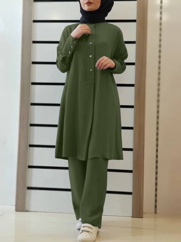 in stock H728# Muslim Womens New Solid Color Two-Piece Shirt Pants suit Casual Loose Pants suit Khaki - Image 3